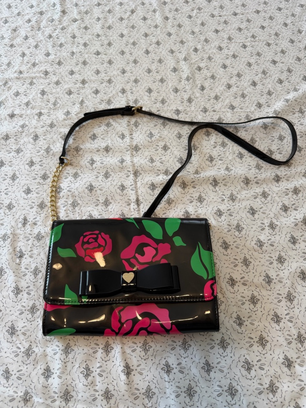 Betsey Johnson Floral Crossbody with Bow Accent - Black with Pink & Green